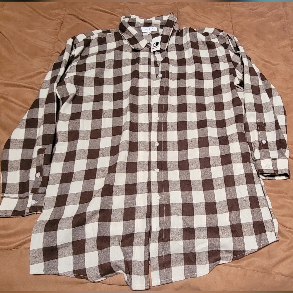 Plaid Brown and White Women's Button Down Shirt